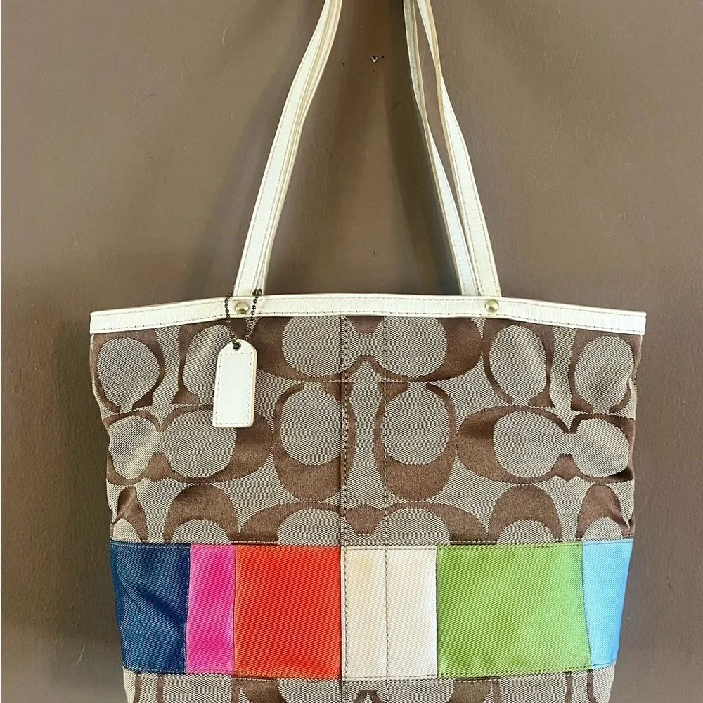 Vintage Coach Brown Signature Canvas Tote with Multicolor Accent Panels